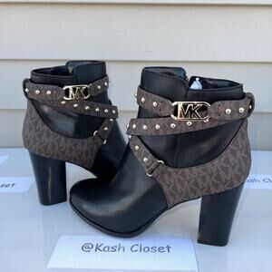 Michael Kors Kincaid Studded Logo Ankle Boot Black Brown Multi